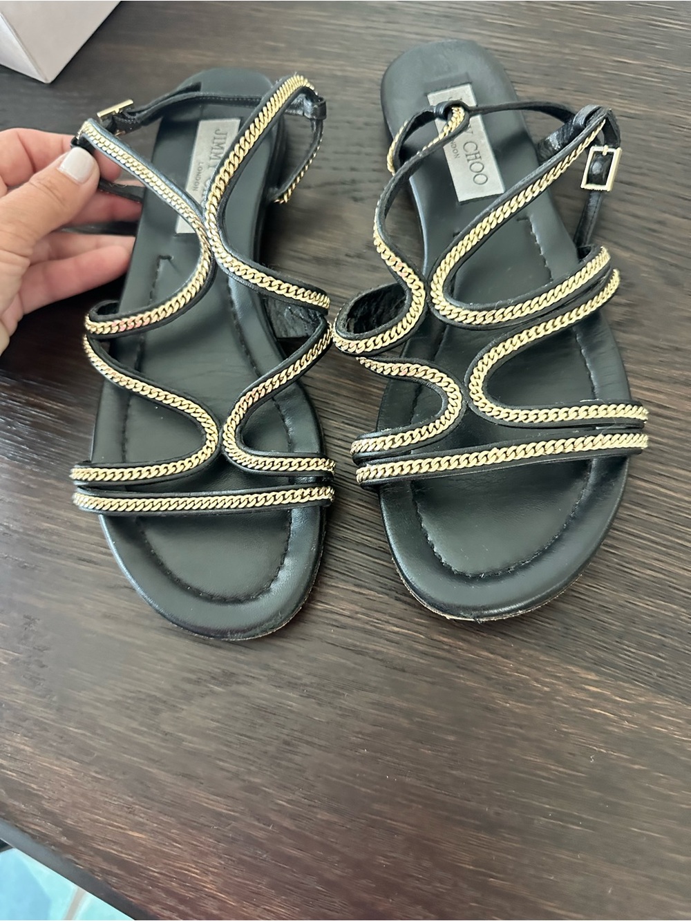 Jimmy Choo Black Leather Sandals with Gold Chain Detail